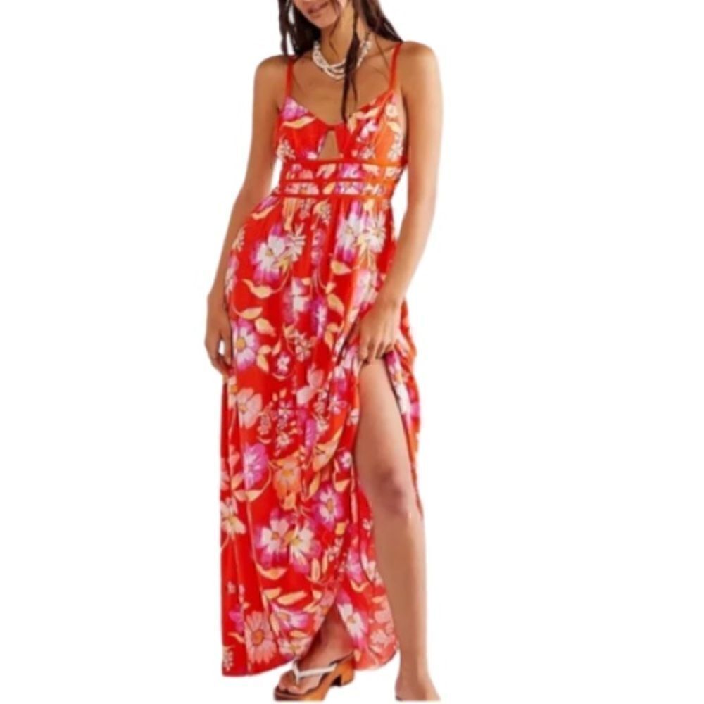 Free People Wisteria Tropical Resort Open Back Maxi Dress Orange/Red, Large. NWT